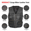 RIDERACT® Mens Motorcycle Vest | Black Cargo & Leather Vest with Utility Pockets