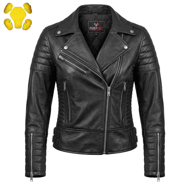 RIDERACT® Womens Leather Motorcycle Jacket | Black Brando Infinity Leather Biker Jacket