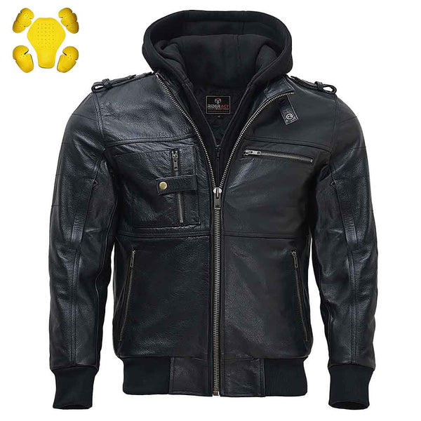 RIDERACT® Men's Leather Motorcycle Jacket Black with Hood Stinger