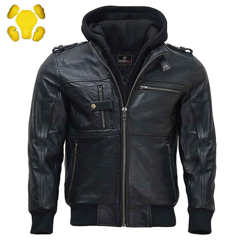 RIDERACT® Men's Leather Motorcycle Jacket Black with Hood Stinger