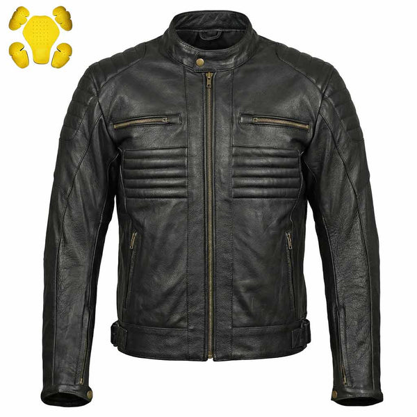 RIDERACT® Mens Motorbike Jacket Black | Combat Style Leather Motorcycle Jacket