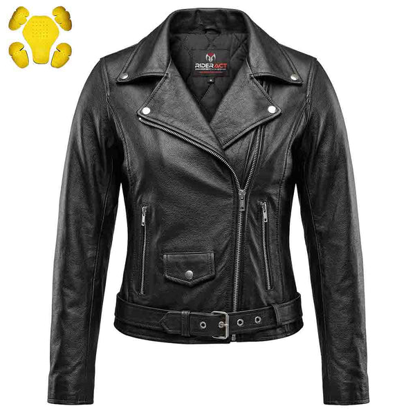 RIDERACT® Womens Moto Jacket | Black Brando Native Leather Biker Jacket