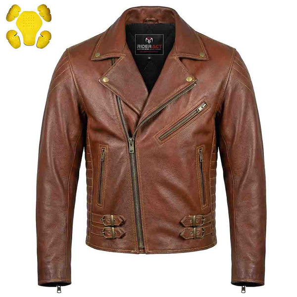 RIDERACT® Mens Leather Motorcycle Jacket | Brando Style Biker Jacket