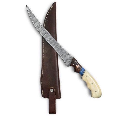 Handmade Damascus Fillet Knife with Bone & Rosewood Handle AMK024