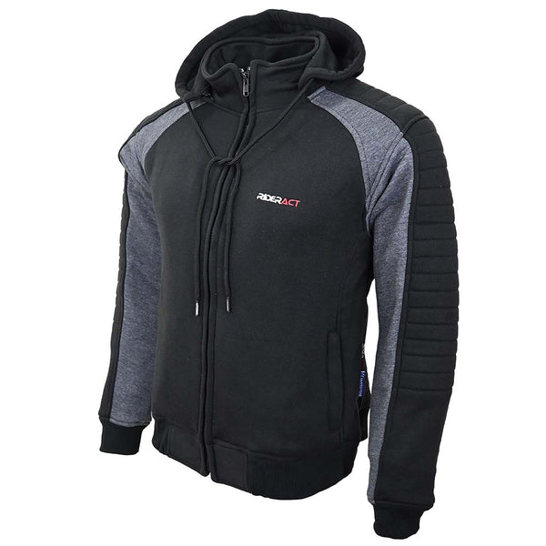 RIDERACT® Mens Motorcycle Hoodie with Armor | Grey Black Reinforced Motorbike Hoodie