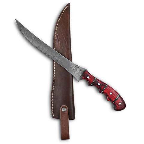 Handmade Damascus Fillet Knife with Red Pakka Wood Handle AMK025RED