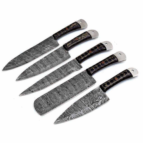 Handmade Steel Damascus Kitchen Knife Set Black Handles AMK051BLK