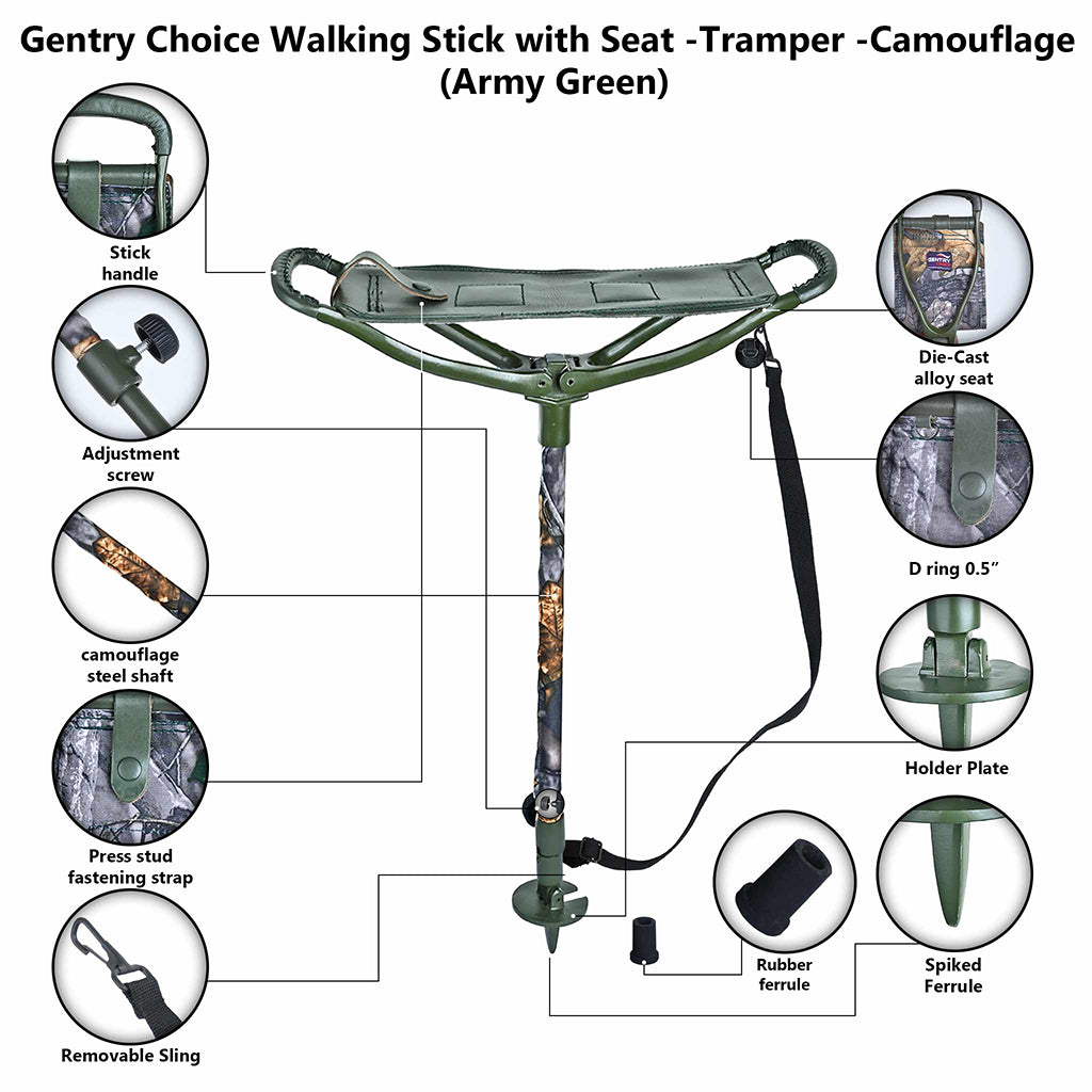 Adjustable Walking Stick with Leather Seat Camouflage Forest Green Tramper