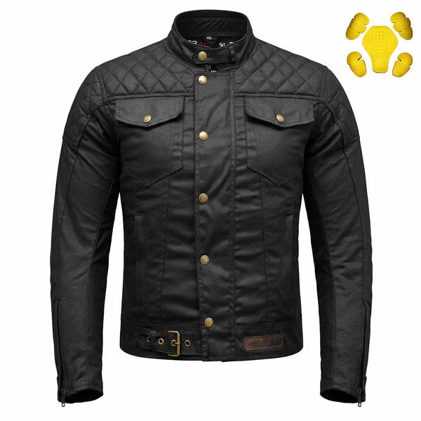 RIDERACT® Waxed Cotton Motorcycle Jacket | Black Stellar Biker Jacket
