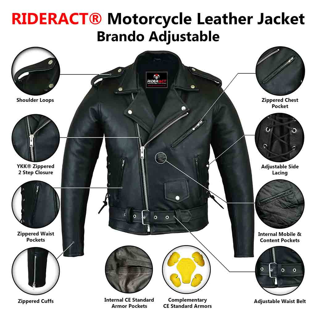 RIDERACT® Leather Motorcycle Jacket – Men's Adjustable Biker Jacket With Armor (CE Level 1, Black)