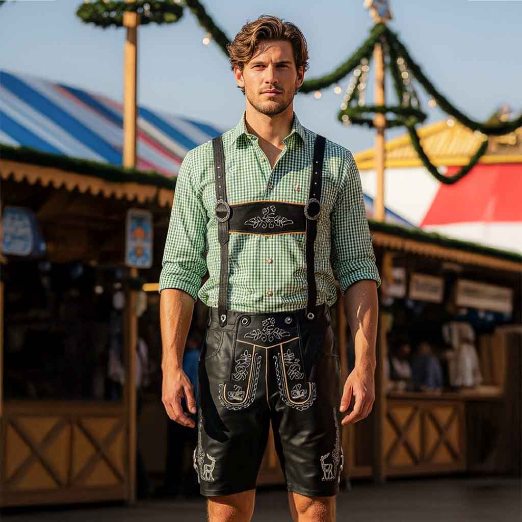 classic gear lederhose Men's Oktoberfest outfit Authentic Leather Short Black Lederhosen