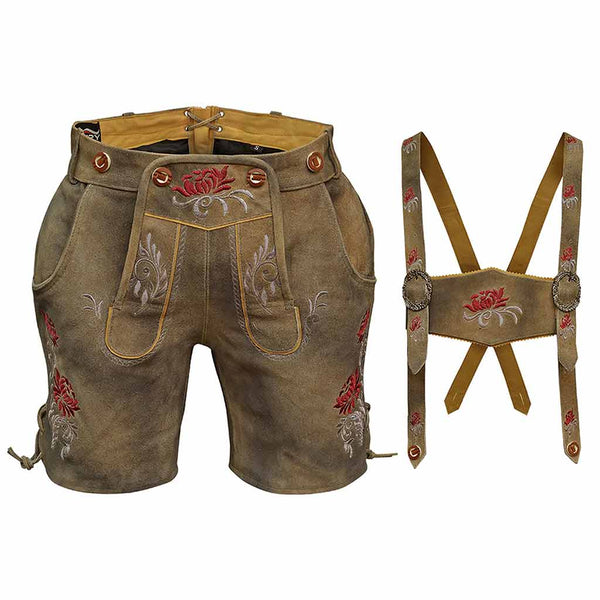 Women Suede Lederhosen Leather Short Mud Brown