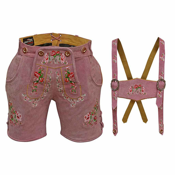 Women Suede Lederhosen Leather Short Rose Pink