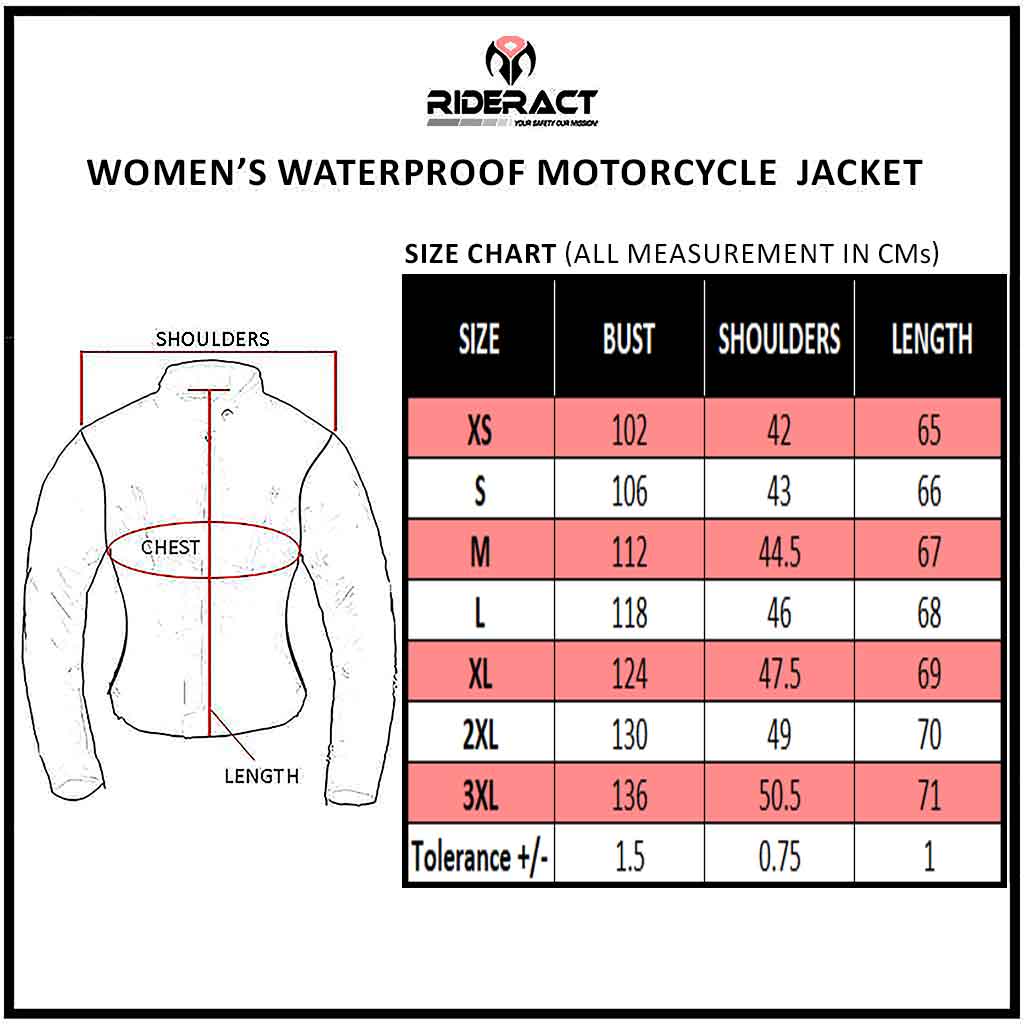 RIDERACT® Women Leather Motorcycle Jacket Velocity Size Chart