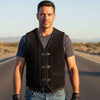 RIDERACT® Mens Leather Vest Black | Suede Triple Clasp Biker Vest