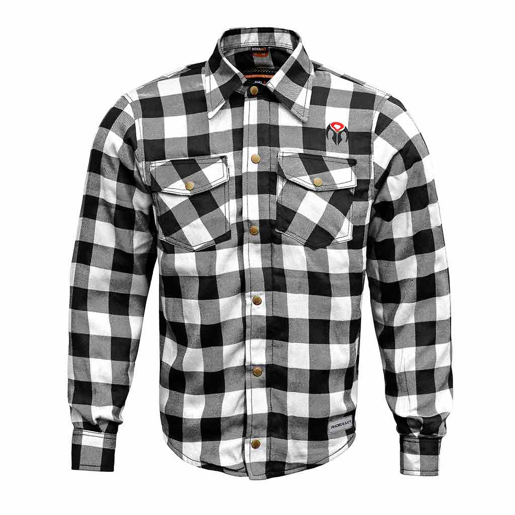 RIDERACT® Men's Flannel Motorcycle Shirt Reinforced Checked Riding Shirt Black White