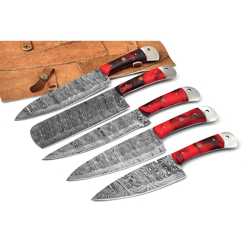 Red Handles Handmade Damascus Kitchen Chef Knives Set of 5 Pieces