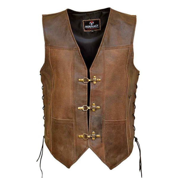 RIDERACT® Harley Distress Leather Vest Antique Clasp Closure