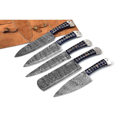 Blue Handles Handmade Damascus Kitchen Chef Knives Set of 5 Pieces With Leather Sheath