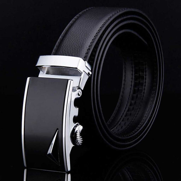 Genuine Leather Automatic Lock Silver Black Leaf Buckle Dress Belt ...